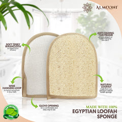 ALMOONI loofah glove on hand shows easy grip for thorough cleansing