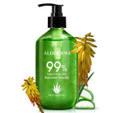 Aloderma aloe gel bottle demonstrates lightweight hydration for face and body.