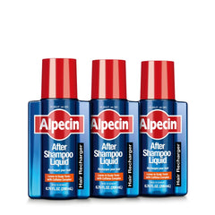 Alpecin After Shampoo liquid bottle closeup highlights caffeine formula for thinning hair support.