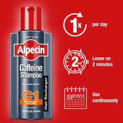 Alpecin C1 caffeine shampoo closeup on label communicates trusted German engineering.