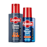 Alpecin C1 Shampoo bottle on sink for energizing scalp cleanse and fuller look
