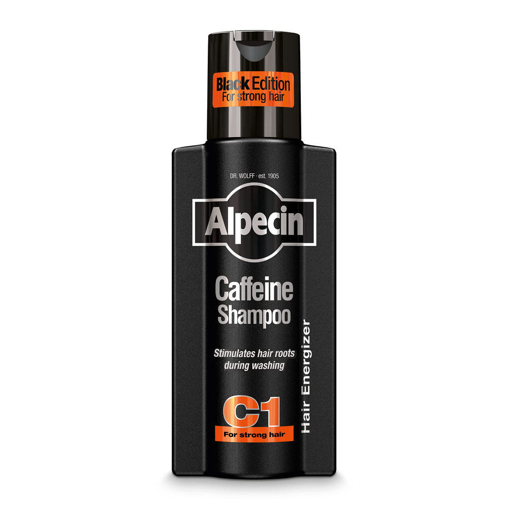 Alpecin C1 Black Edition bottle closeup shows caffeine formula for revitalizing the scalp.