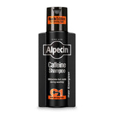 Alpecin C1 Black Edition bottle closeup shows caffeine formula for revitalizing the scalp.
