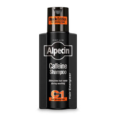 Alpecin C1 Black Edition bottle closeup shows caffeine formula for revitalizing the scalp.