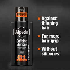 Alpecin C1 Black Edition bottle pour demonstrates quick-dispense caffeine boost for daily use.