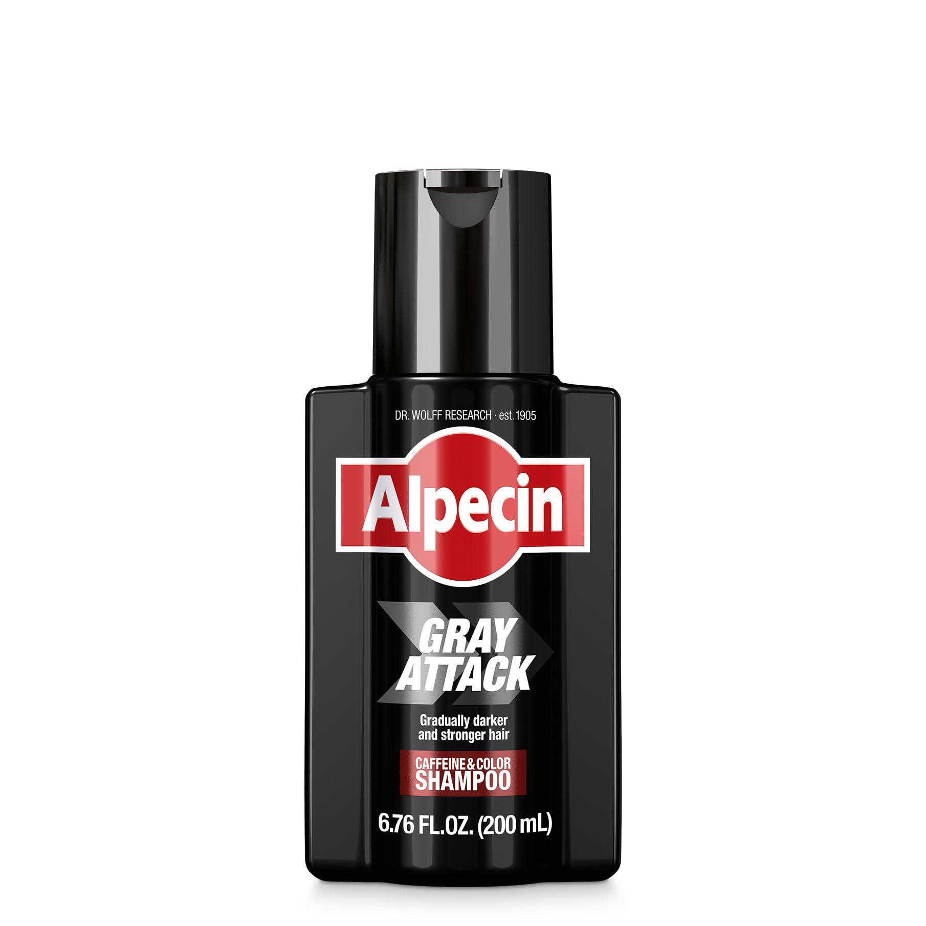 Alpecin Gray Attack shampoo bottle close-up showing natural grey coverage potential