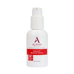 Alpha Renewal Serum bottle closeup highlighting glycolic exfoliation for smoother skin.