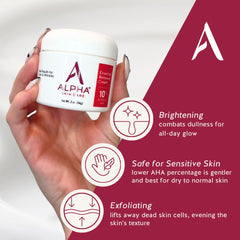 Alpha Skin Care 10pct glycolic aha bottle demonstrates exfoliating formula for brighter tone