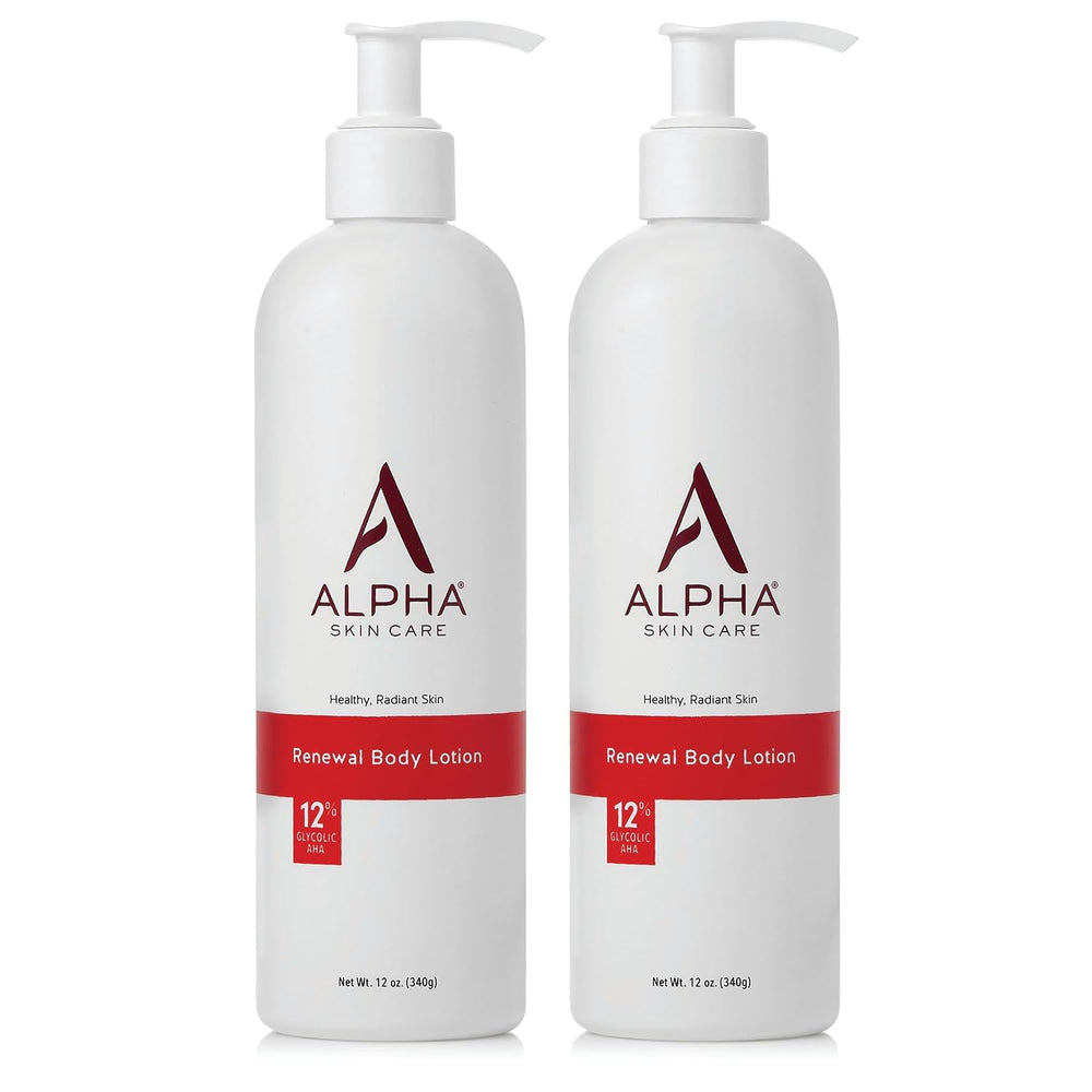 Alpha Skin Care Revitalizing Body Lotion bottle pour showing easy daily hydration and gentle exfoliation