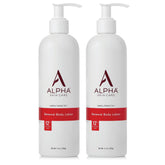 Alpha Skin Care Revitalizing Body Lotion bottle pour showing easy daily hydration and gentle exfoliation