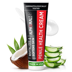 AlphaMale Premium Penile Health Cream jar front shows trusted hydration for sensitive skin.