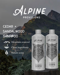 Alpine Provisions Cedar & Sandalwood shampoo label closeup highlighting essential oils and vegan formula