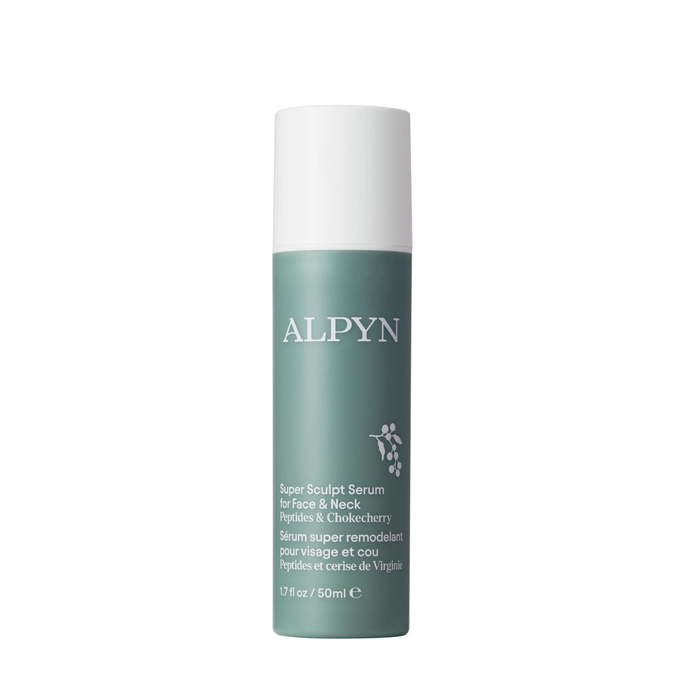 Alpyn Beauty Super Sculpt Serum bottle shows lightweight gel texture for facial contouring.
