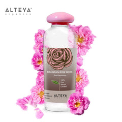 Alteya Organics Rose Water bottle cap close-up highlighting pure skincare ingredient.