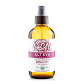 Alteya Organics Rose Water bottle closeup, pure organic toner for refreshed skin