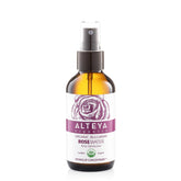 Alteya Organics Rose Water toner bottle on vanity for gentle skin hydration