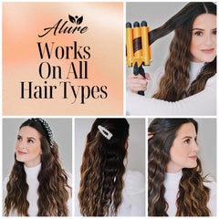 Alure triple-barrel wand heats quickly to 410F for efficient styling.