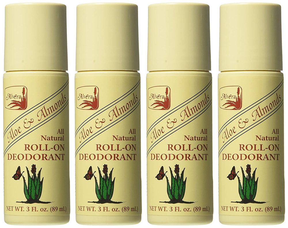 Alvera all natural roll-on deodorant Aloe & Almonds bottle promotes long-lasting freshness.