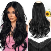 ALXNAN clip-in hair extensions in black long wavy on mannequin for full-head look.