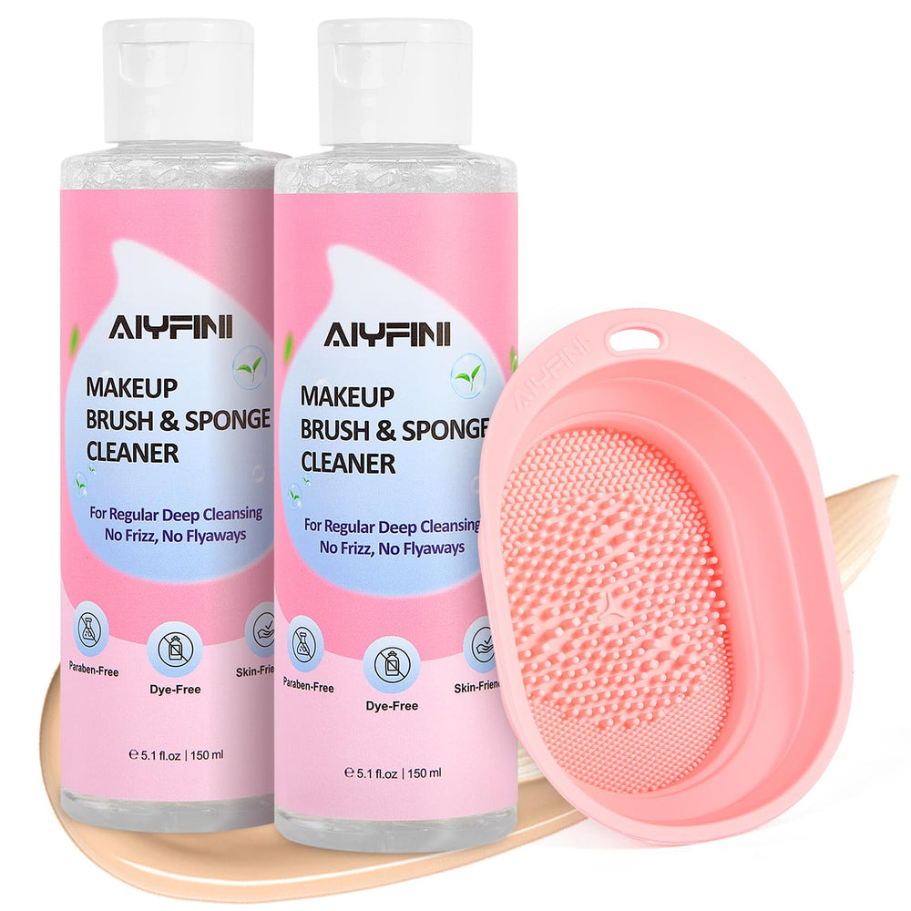 Alyfini makeup brush cleaner solution bottle for quick thorough makeup residue removal.