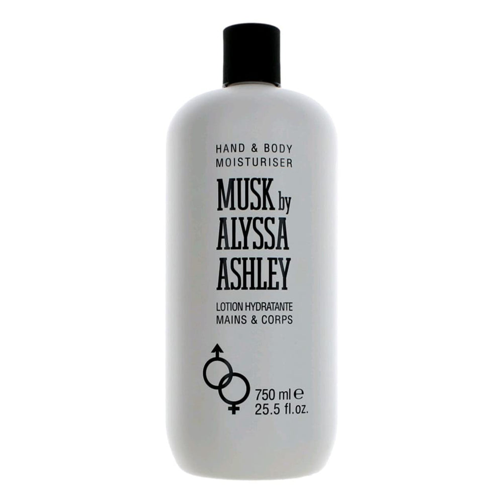 Alyssa Ashley Musk Body Lotion bottle pour shows fast-absorbing hydration for daily use.