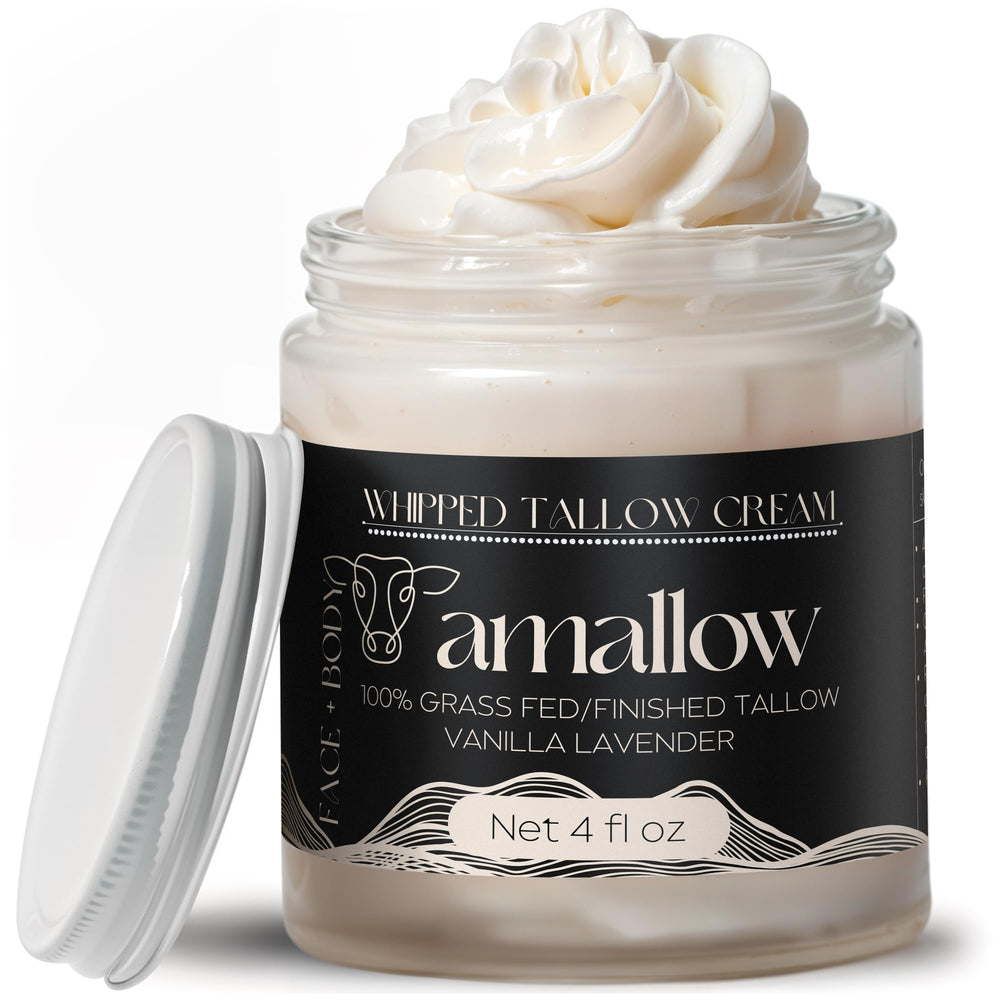 Amallow beef tallow face body jar highlights deep hydration for all skin types.