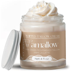 Amallow Vanilla Latte tallow jar shows whipped moisturizer for deep hydration.