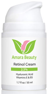 Amara Beauty retinol cream bottle front, promising brighter, smoother skin.