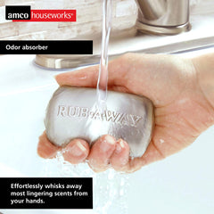 Amco Rub Away Bar dishwasher-safe badge highlights quick, easy cleaning after use.