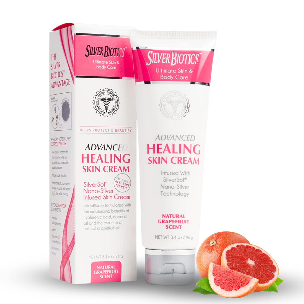American Biotech Labs Silver Healing Lotion pump bottle shows grapefruit scent for daily moisturization.
