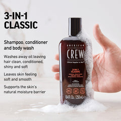 American Crew 3-in-1 packaging highlights a versatile grooming solution for men.