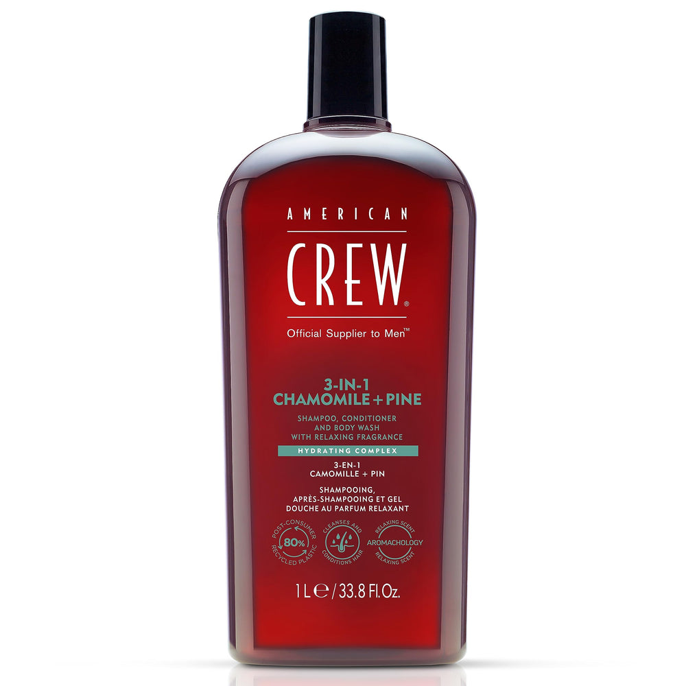 American Crew 3in1 Chamomile Pine bottle front for cleansing and conditioning.