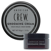 American Crew Grooming Cream bottle showing high hold and high shine for polished, confident looks.
