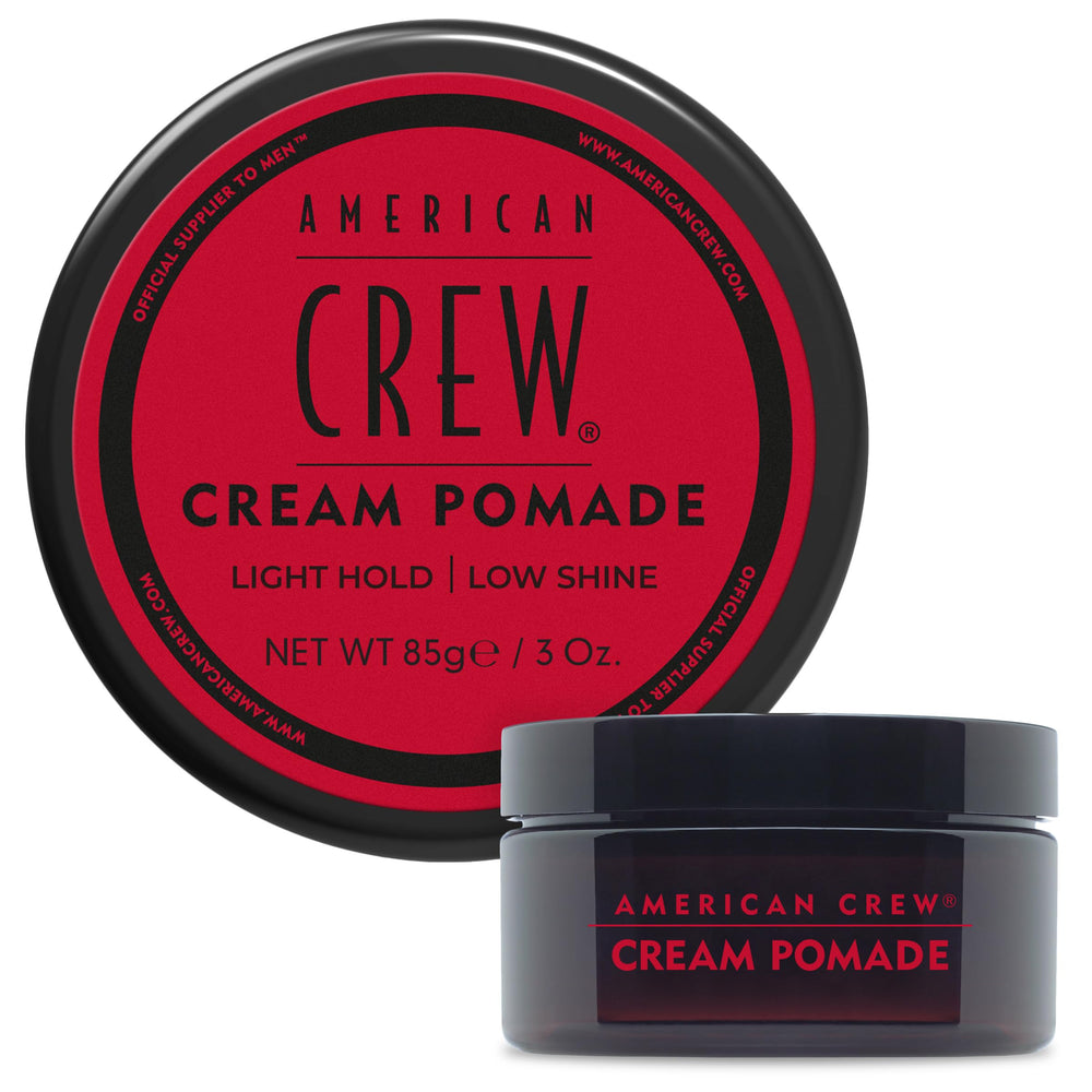 American Crew Hair Cream Pomade jar close-up shows natural look and low shine