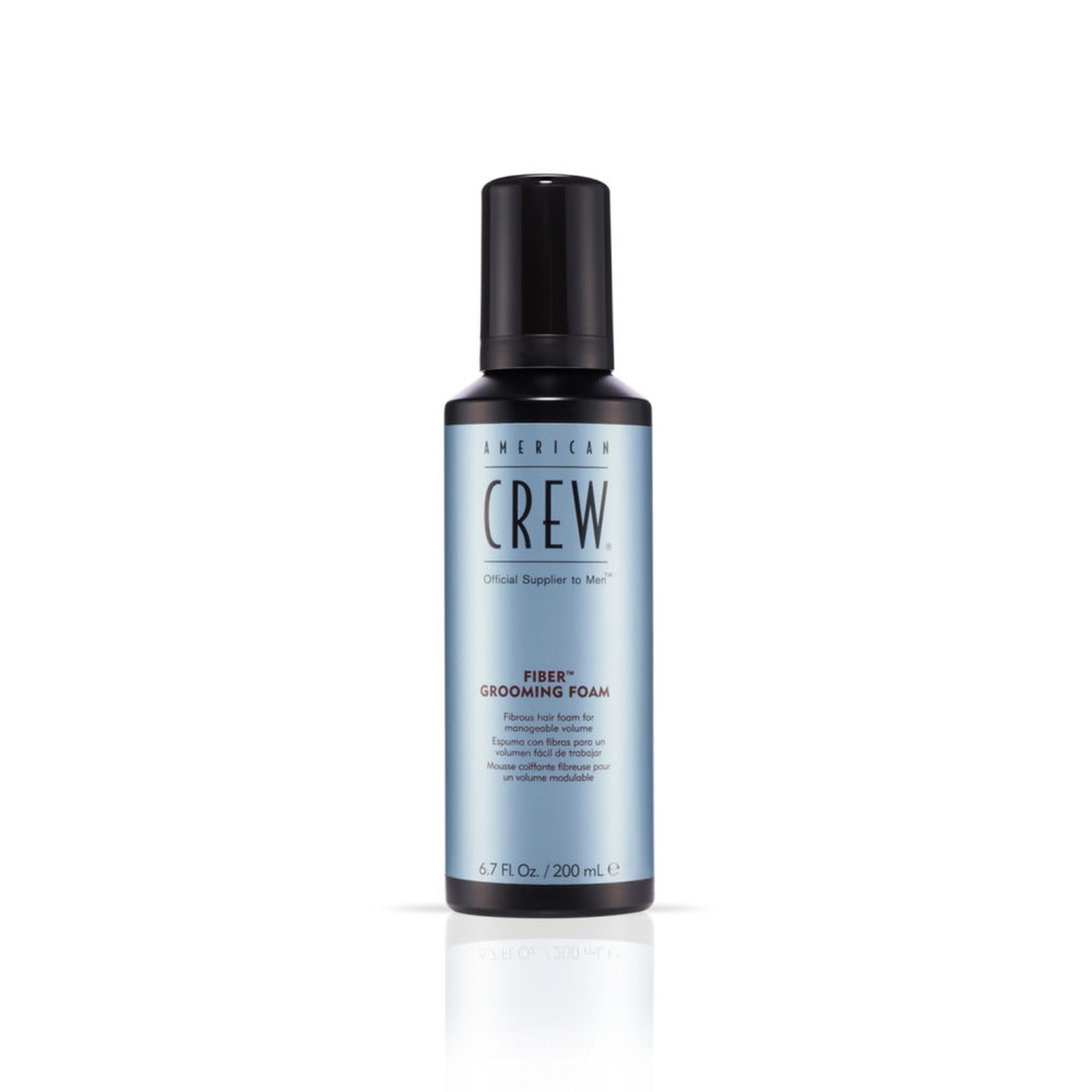 American Crew Hair Fiber Grooming Foam bottle front shows medium-hold formula for everyday style