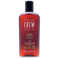 American Crew Tea Tree 3-in-1 bottle promotes refreshed scalp and clean hair.