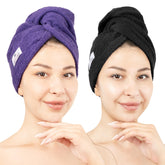 American Soft Linen hair towel 2-pack in purple-black shows soft cotton texture for quick drying.