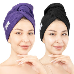 American Soft Linen hair towel 2-pack in purple-black shows soft cotton texture for quick drying.