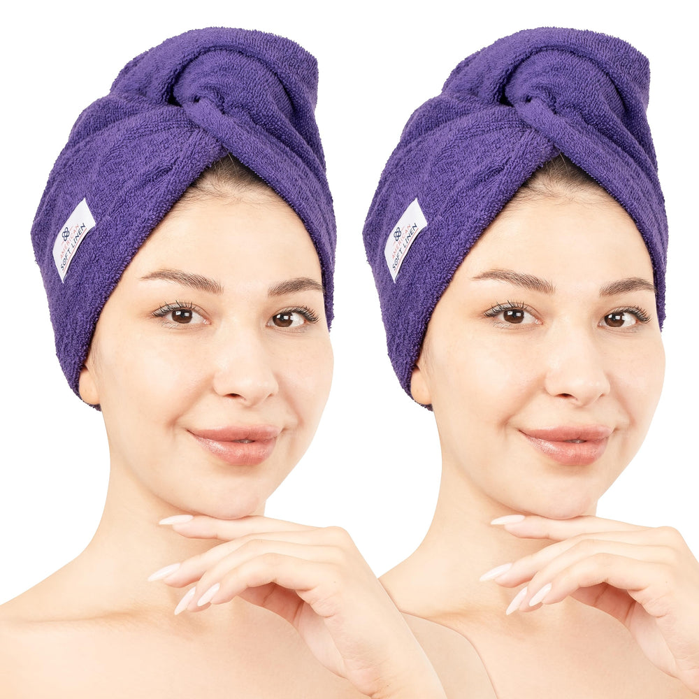 American Soft Linen hair towel cap purple closeup showing soft cotton fabric for gentle drying.
