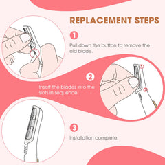 AMILKME blade refill close-up with stainless steel blades for peach fuzz removal.