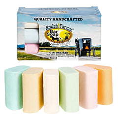 Amish Farms Bentonite clay bar soap batch-pack shows six bars for creamy cleansing.