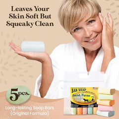 Amish Farms soap bar close-up shows silky lather for sensitive skin.