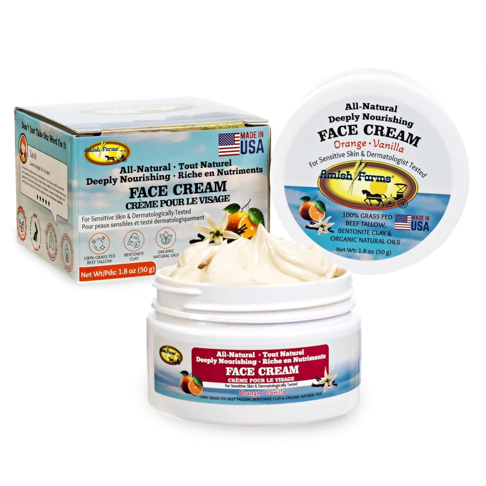 Amish Farms Tallow Face Cream jar shows rich texture for lasting hydration.