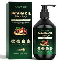 AMOADO Batana Oil Shampoo bottle demonstrates gentle cleansing for thicker, healthier hair.