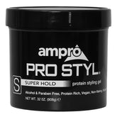 AmPro Pro Styl Styling Gel bottle shows alcohol-free, protein-rich formula for strong, flexible hold.