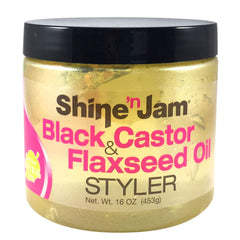 AmPro Shine-n-Jam jar closeup showing nourishing castor oil and flaxseed gel formula.