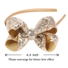 Amybasic Sparkly Sequin Bow Headband gold worn by child demonstrates versatile accessory for events.