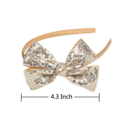 AmyDecor gold sequin bow headband worn by girl for party-ready look