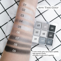 AMY'S DIARY nine-color swatches show cool-toned matte and glitter finishes