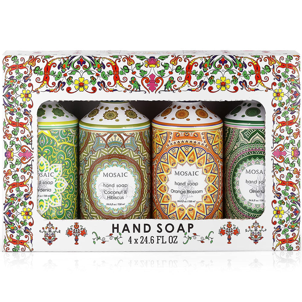 AnatoliaDaphne Mosaic hand soap set front view shows four scents for daily cleansing.